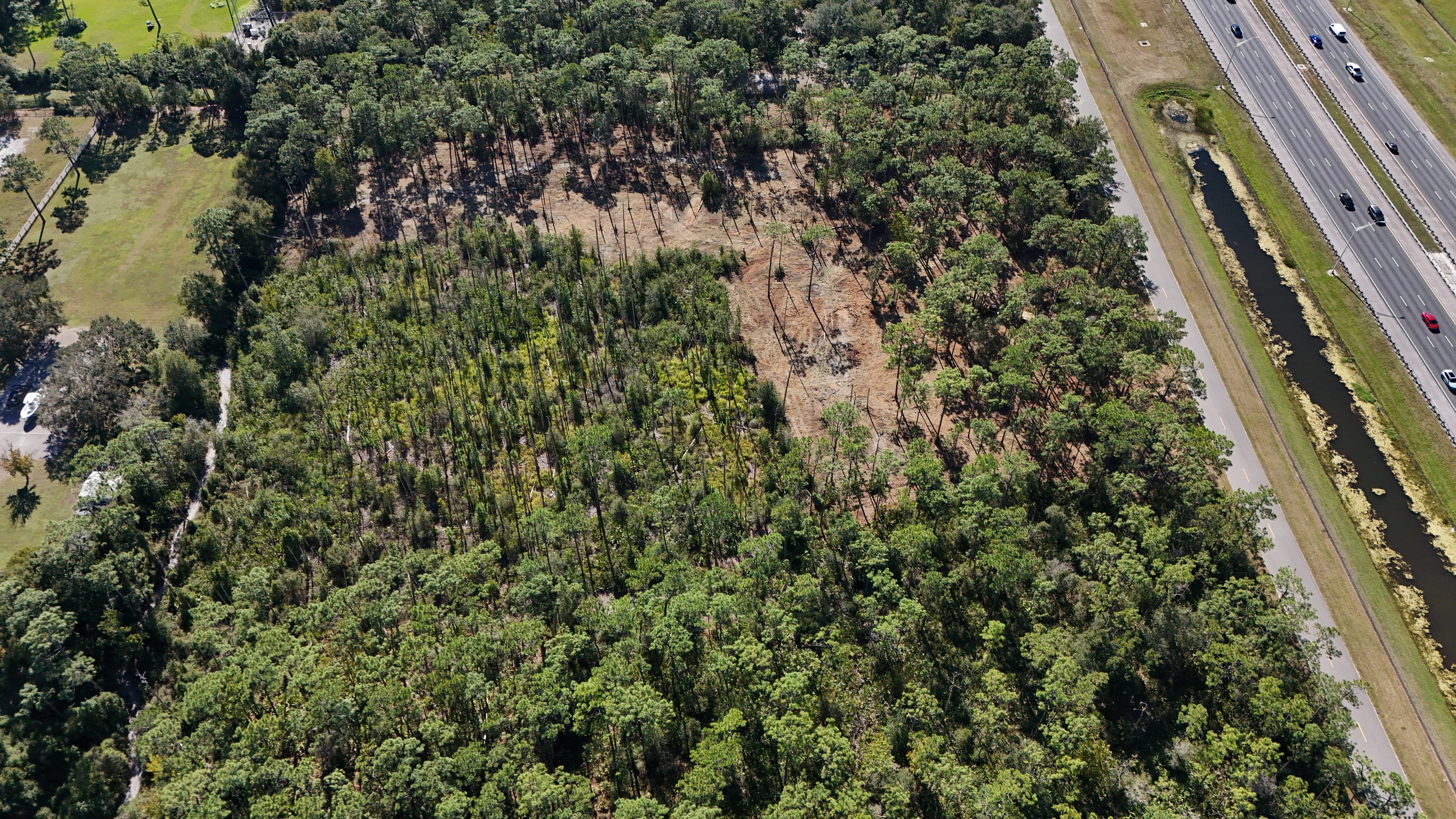 Aerial view of partially cleared property