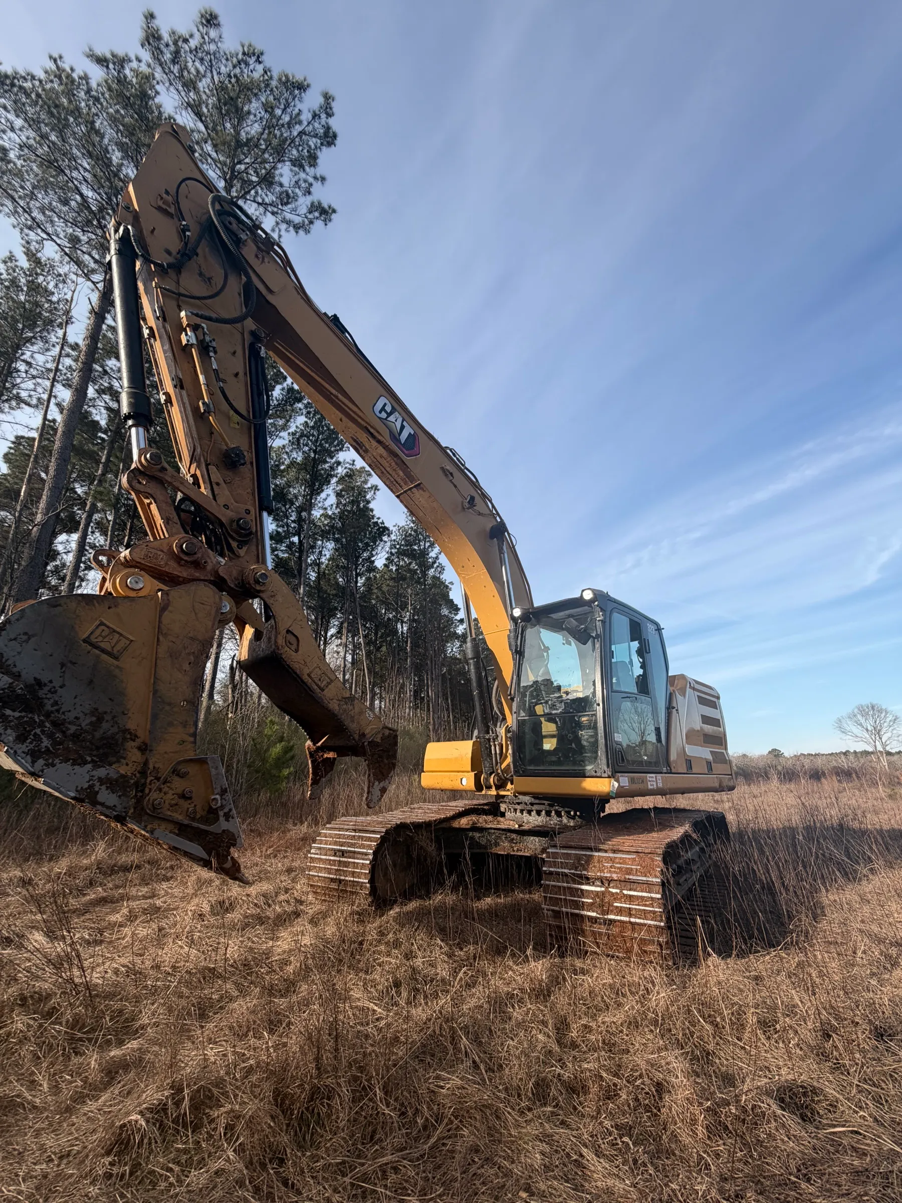 TreeShop CAT excavator with bucket clearing pine forest — professional land clearing Florida